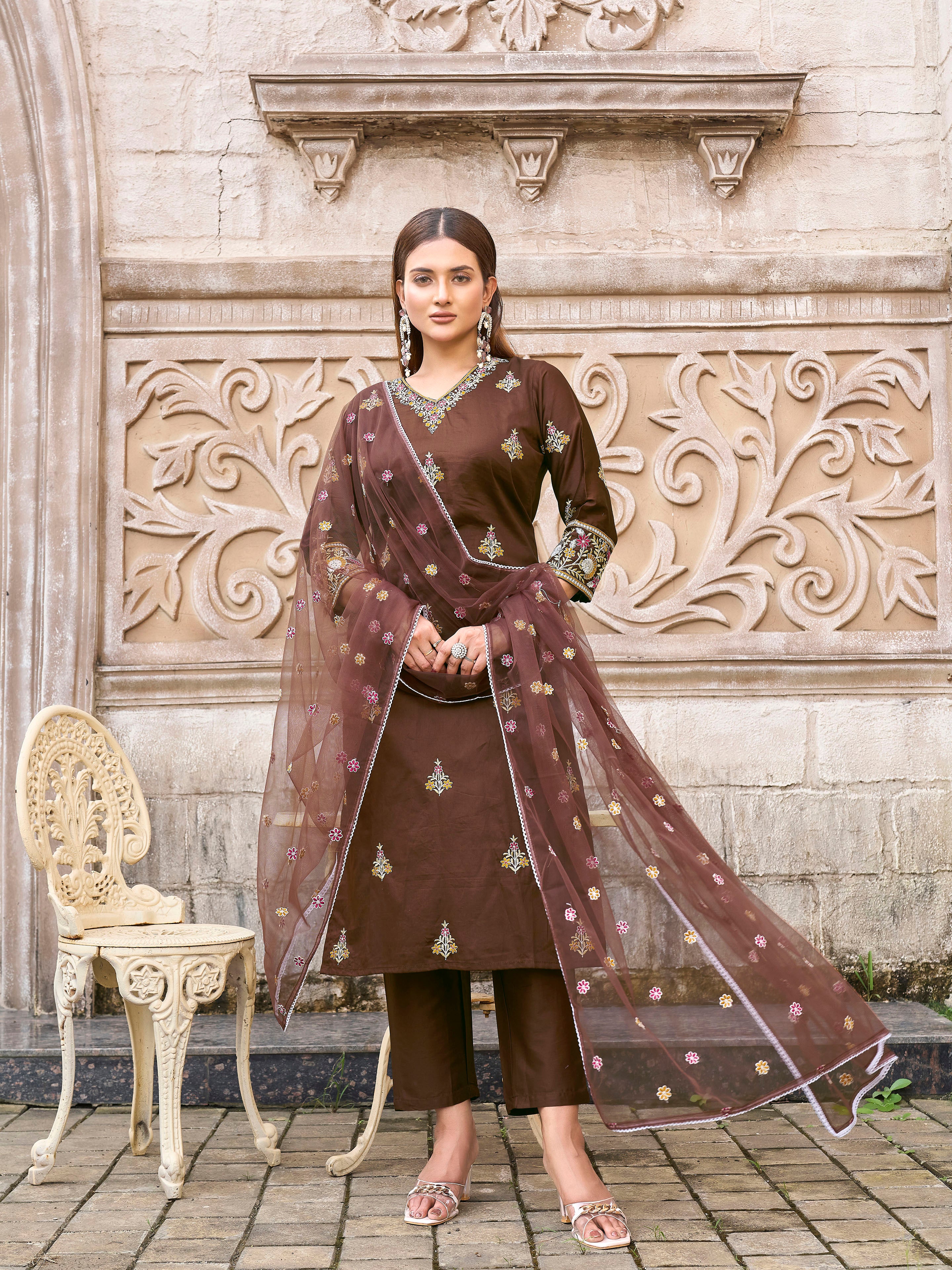 Brown color cotton with colourful thread embroidered kurta & trouser with dupatta set